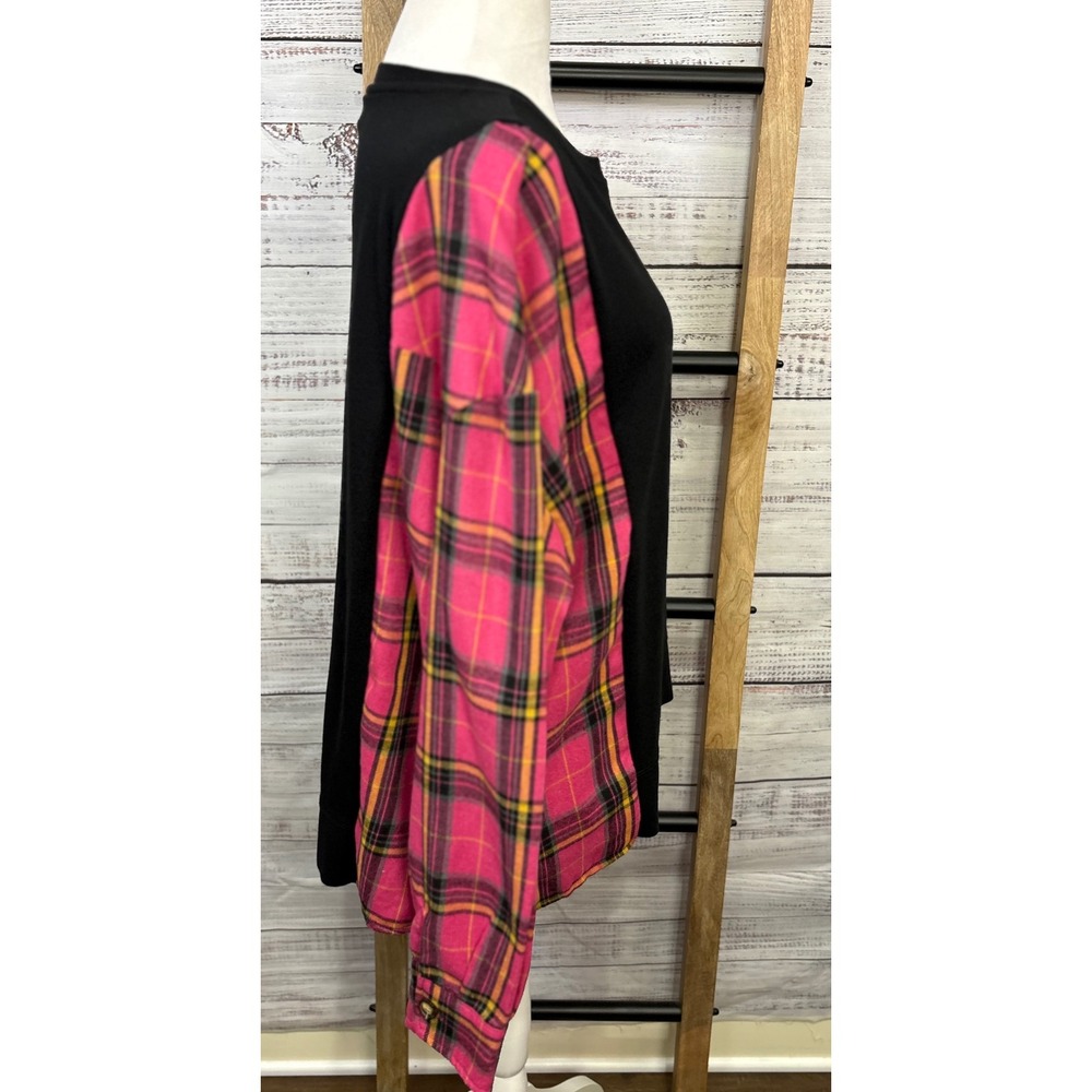 Upcycled Pink Plaid Flannel Sleeve Sweatshirt Oversized Pocket Top Fits up to XL - Picture 7 of 10